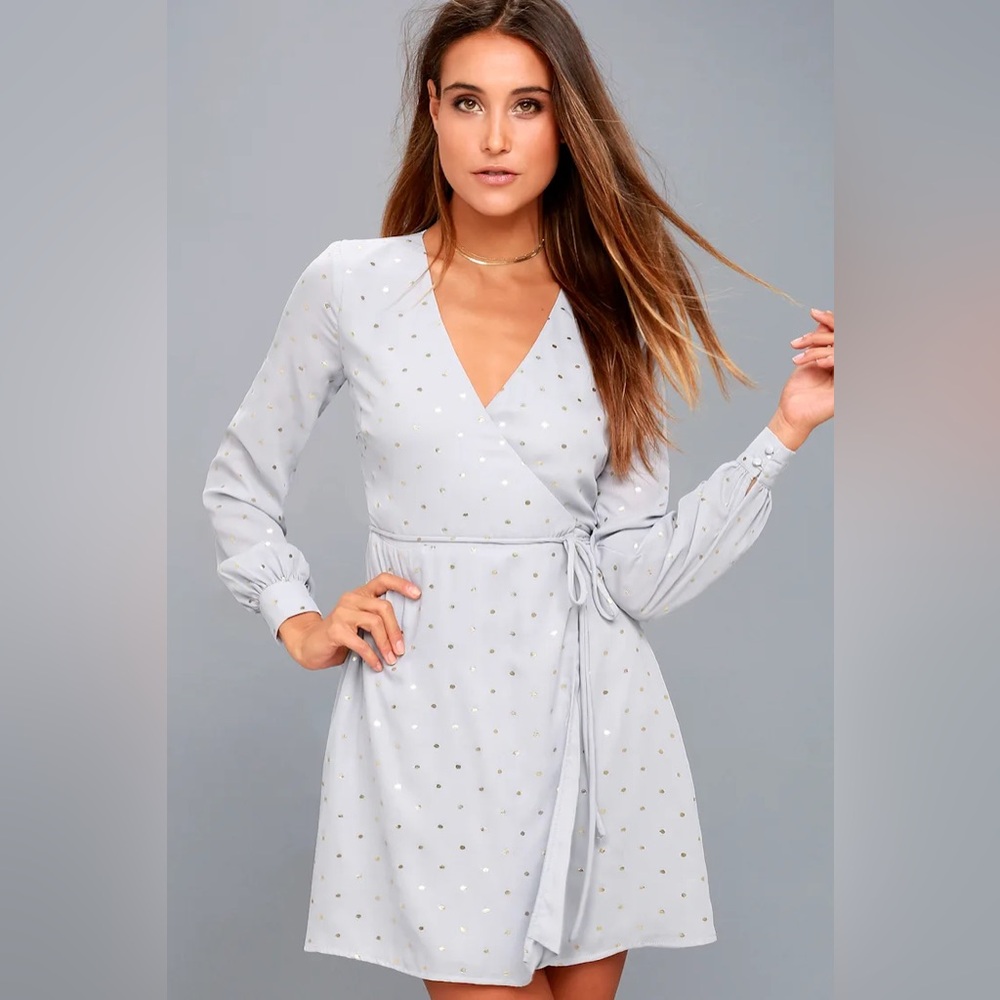 NWT Lulu's Light Gray Wrap Dress with Gold Polka Dots